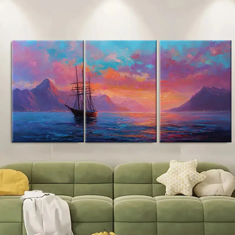 3pcs Sunset Sailboat Original Oil Painting Wall Art Set Canvas Framed 50x70cm - High Quality Print 100% Australian Made Wall Canvas Ready to Hang