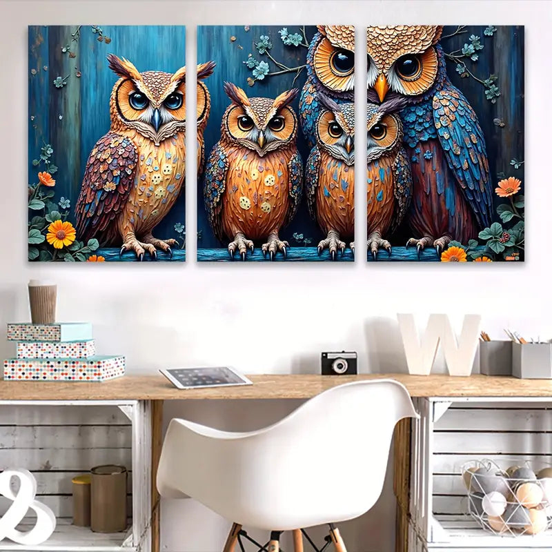 3pcs Owl Animal Painting Nature Theme Wall Art Set Canvas Framed 50x70cm - High Quality Print 100% Australian Made Wall Canvas Ready to Hang
