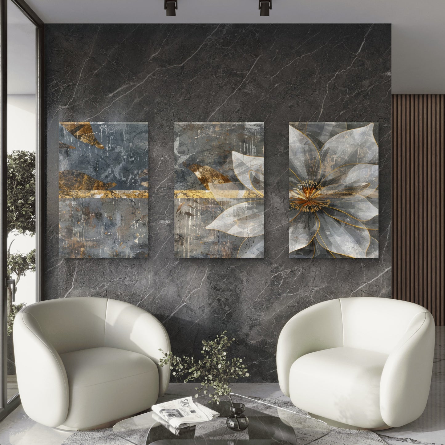3pcs Modern Abstract Gray Gold Flower Wall Art Set Canvas Framed 50x70cm - High Quality Print 100% Australian Made Wall Canvas Ready to Hang