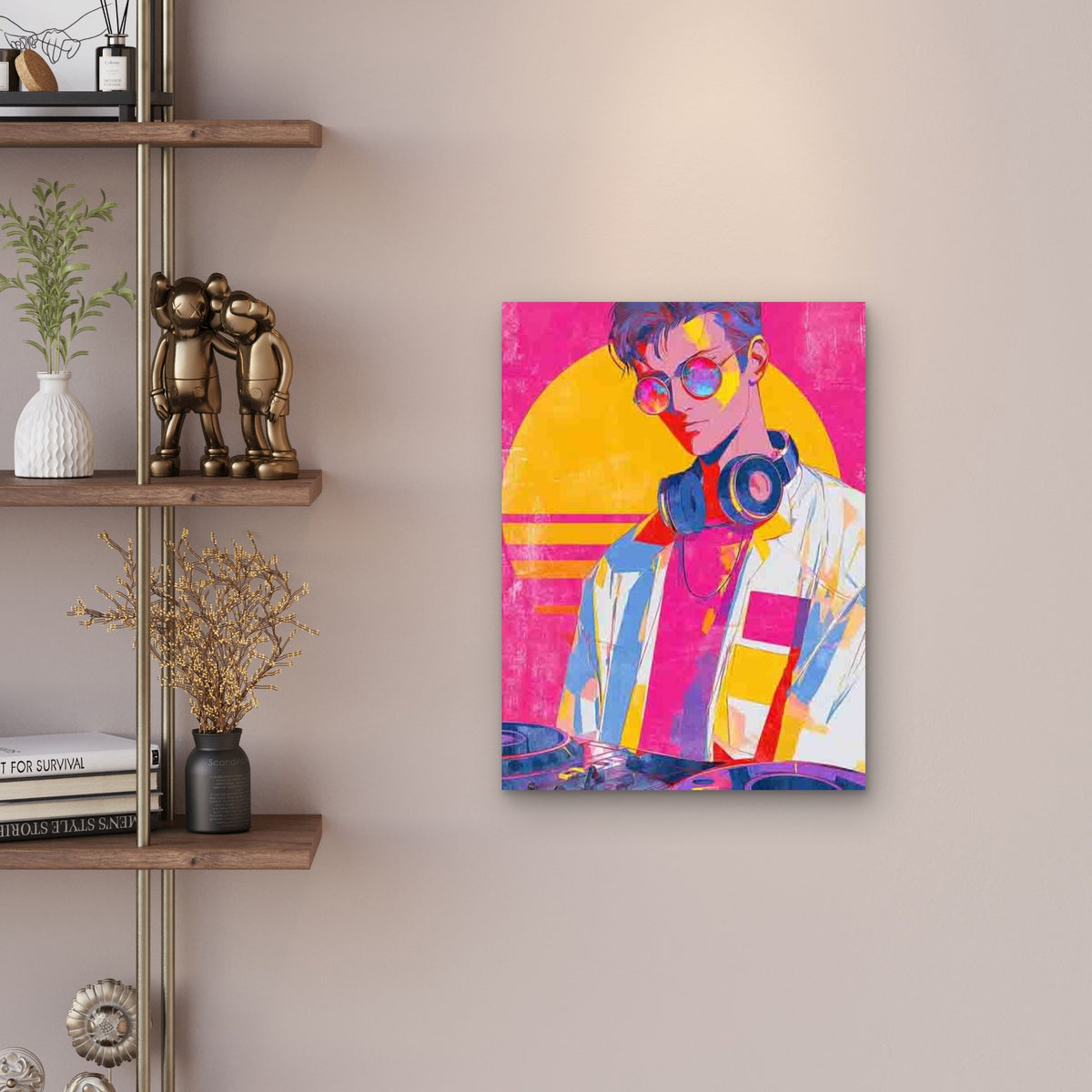 Vintage DJ with Pink Headphones Metal Print Ready to Hang
