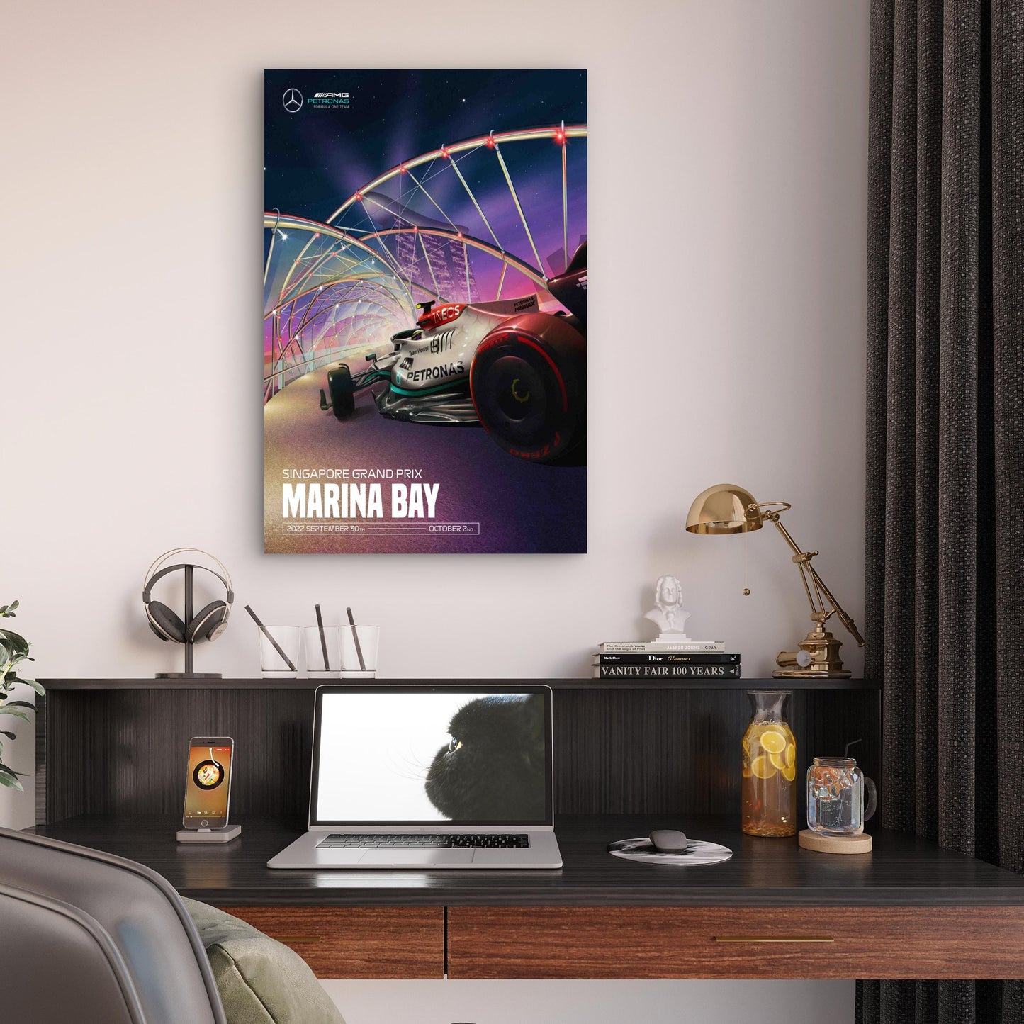 Silver Racing Car Singapore Night Cityscape 40x60cm Metal Print Ready to Hang