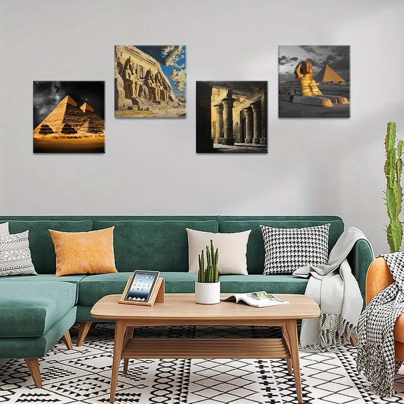 4pcs Deco Egyptian Pyramid & Sphinx Wall Art Canvas Framed