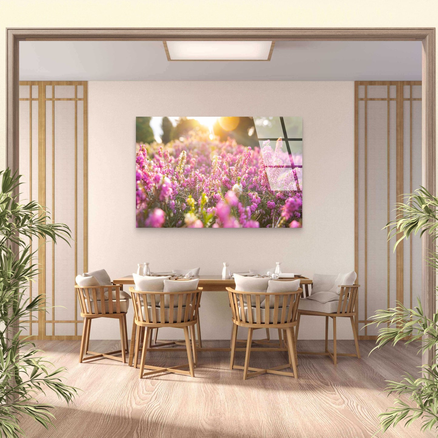 Pink Heather Field Sunrise Glass Printing Wall Art Australian Quality