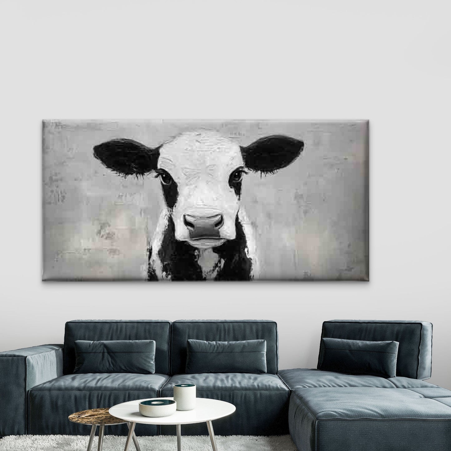 Vintage Grey Cow Portrait Wall Art Canvas Office Home Room Framed 120x60cm