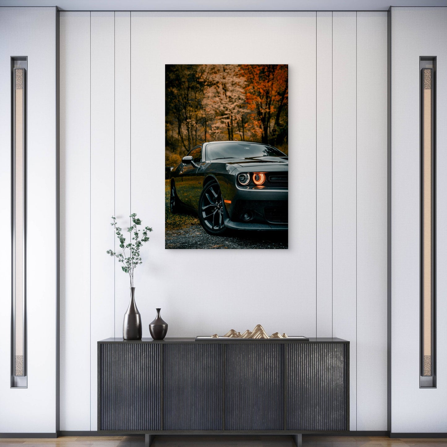 Sleek Black Dodge Challenger Autumn Muscle 40x60cm Metal Print Ready to Hang