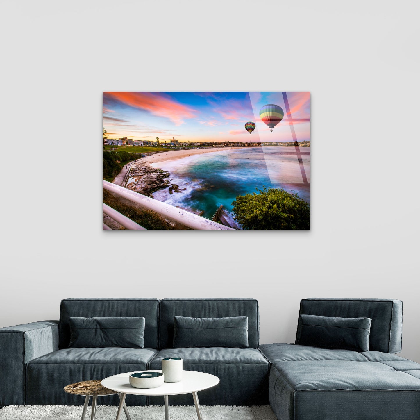 Hot Air Balloon Over Bondi Beach Sunset Acrylic Glass Printing Wall Art Australian Made Quality