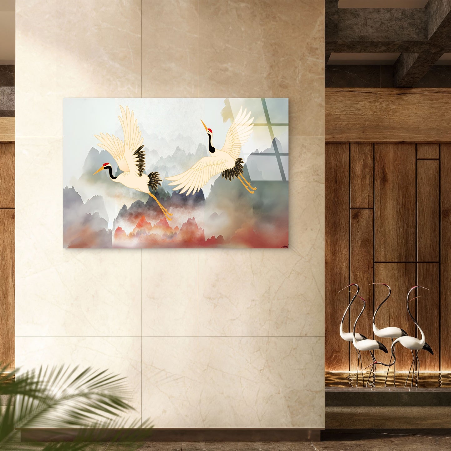 Japanese Cranes Flying Mountain Acrylic Glass Printing Wall Art Australian Made Quality