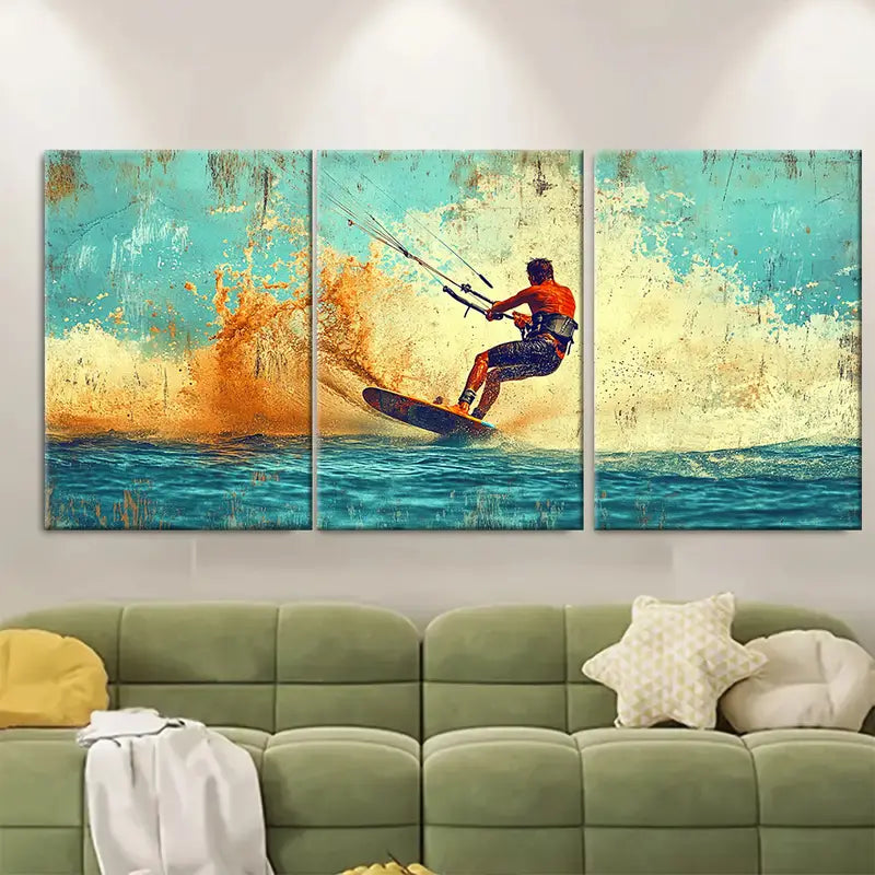 3pcs Wakeboarding & Kitesurfing Ocean Art Wall Art Set Canvas Framed 60x90cm - High Quality Print 100% Australian Made Wall Canvas Ready to Hang