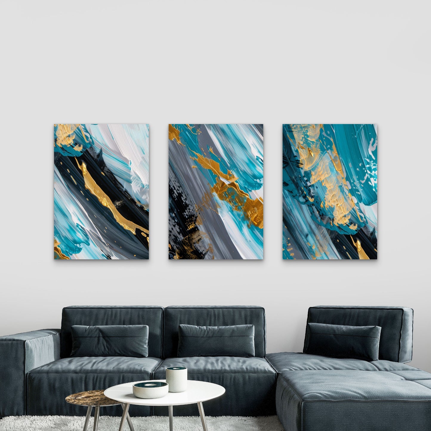 3pcs Abstract Teal Gold Foil Grey Brushstroke Wall Art Set Canvas Framed 50x70cm - High Quality Print 100% Australian Made Wall Canvas Ready to Hang