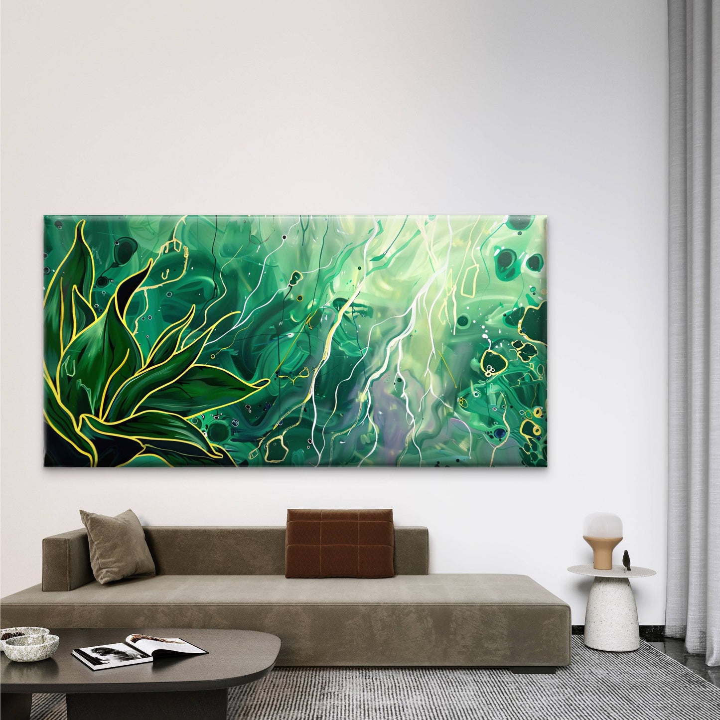 Ethereal Green Waves Wall Art Canvas Office Home Room Framed 120x60cm