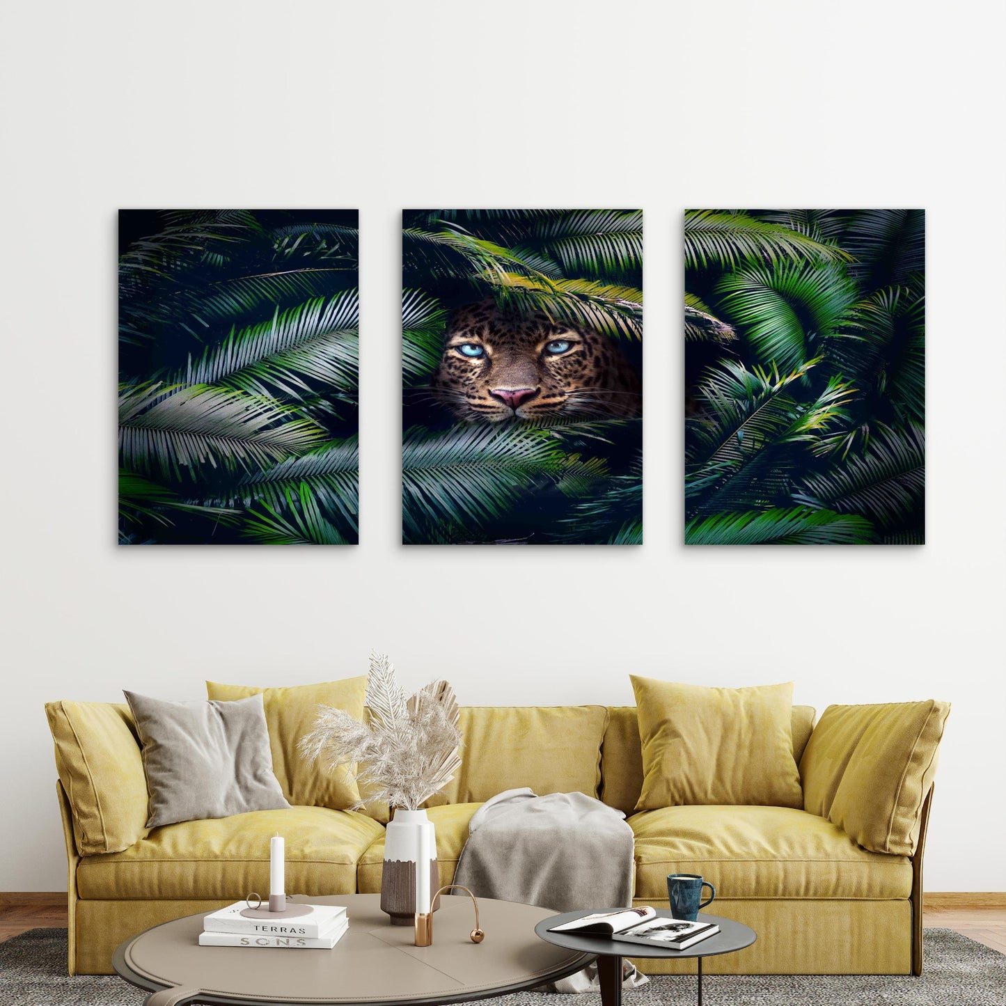3pcs Leopard Peeking from Palm Leaves Metal Print Ready to Hang Art