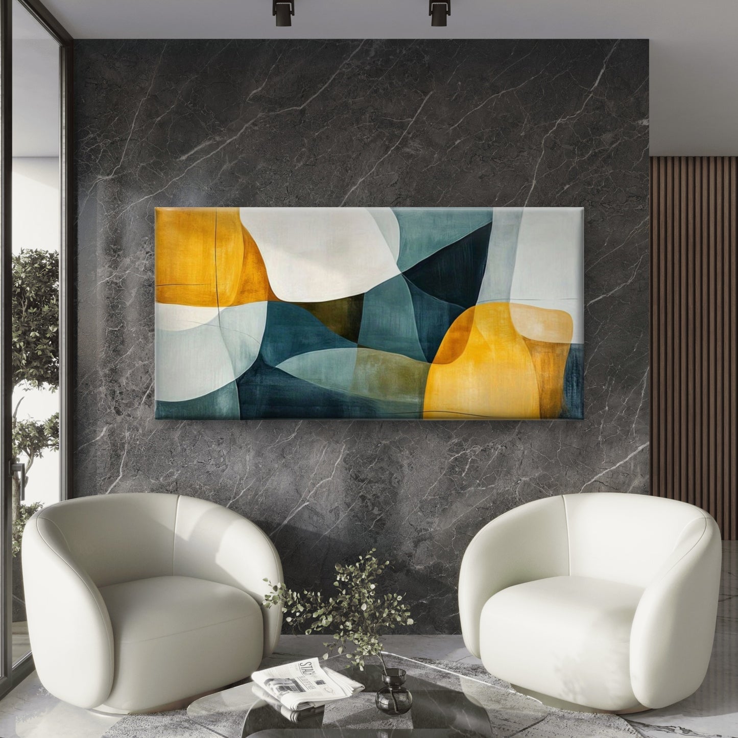 Mustard Fluid Shapes Geometric Wall Art Canvas Office Home Room Framed 120x60cm