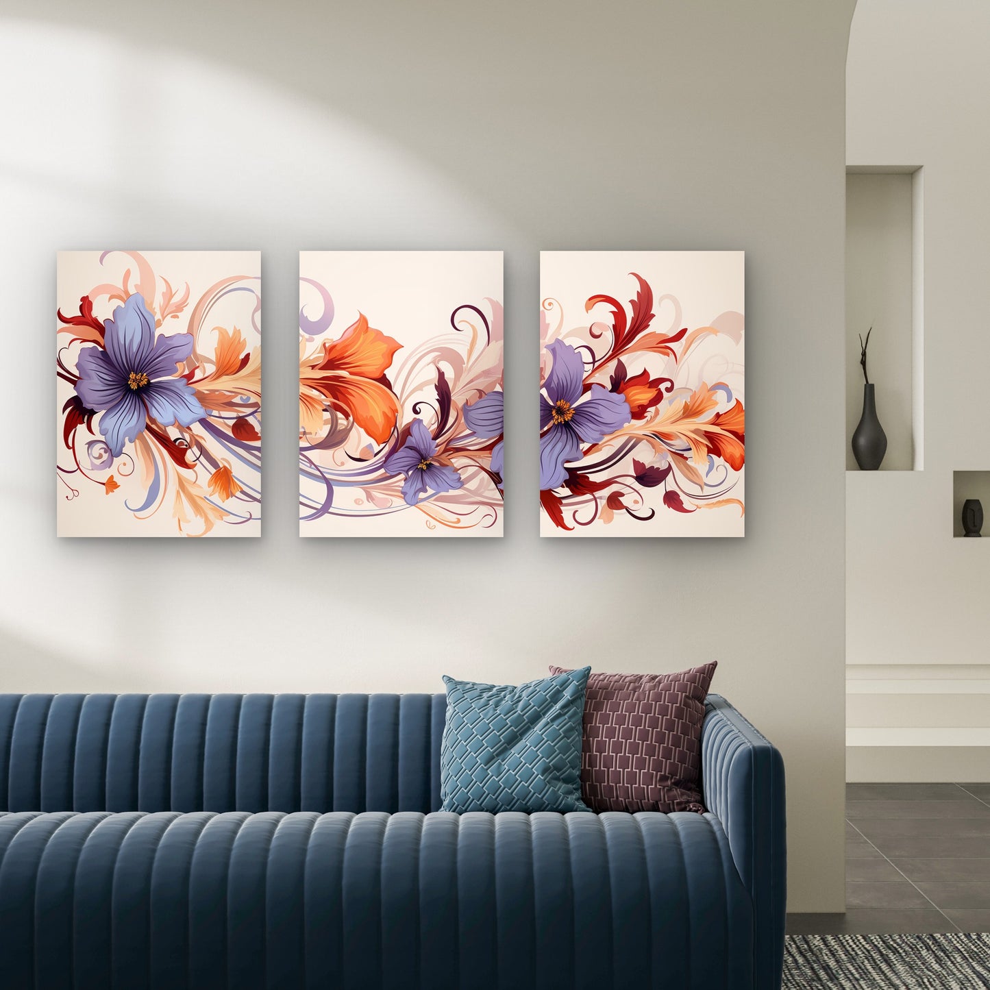 3pcs Purple Orange Floral Swirl Retro Blossom Wall Art Set Canvas Framed 50x70cm - High Quality Print 100% Australian Made Wall Canvas Ready to Hang