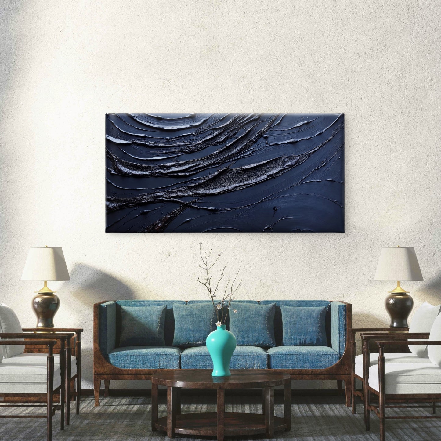 Abstract Minimalist Black Wave Wall Art Canvas Office Home Room Framed 120x60cm