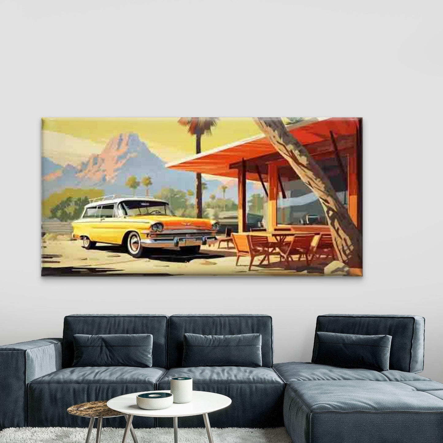 Mid-Century Palm Springs Desert Wall Art Canvas Office Home Room Framed 120x60cm