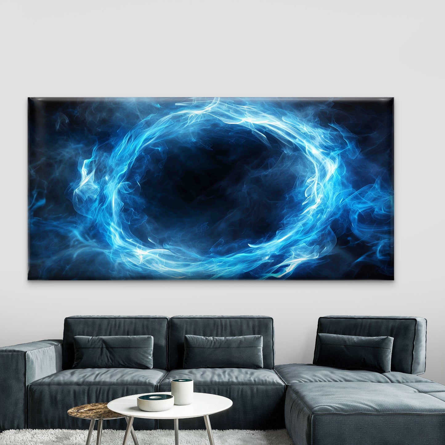 Abstract Blue Smoke Ring Wall Art Canvas Office Home Room Framed 120x60cm