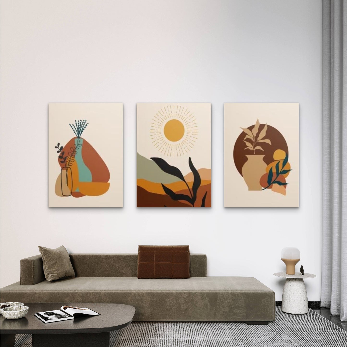 3pcs Modern Terracotta Boho Botanical Sun Wall Art Set Canvas Framed 40x60cm - High Quality Print 100% Australian Made Wall Canvas Ready to Hang - Bella Home Decor