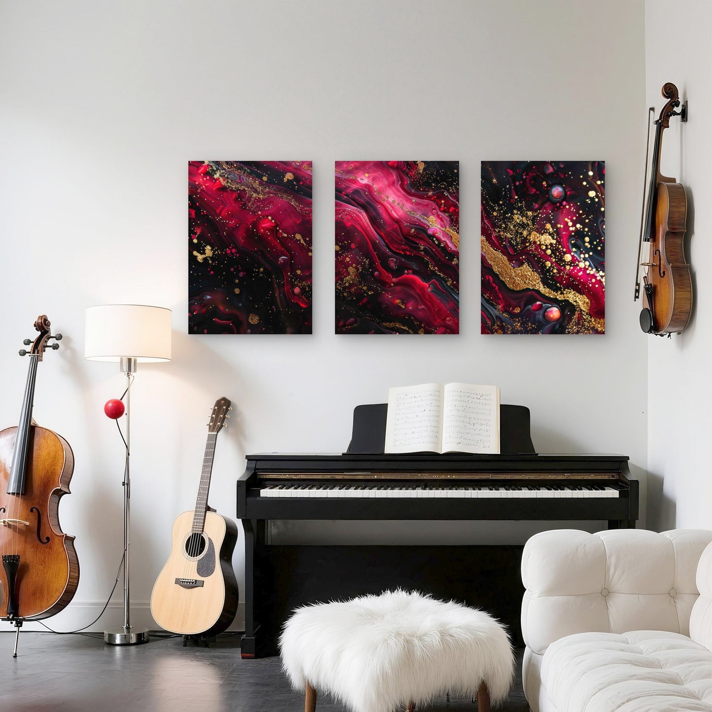 3pcs Red Black Marble With Gold Hues Metal Print Ready to Hang Art