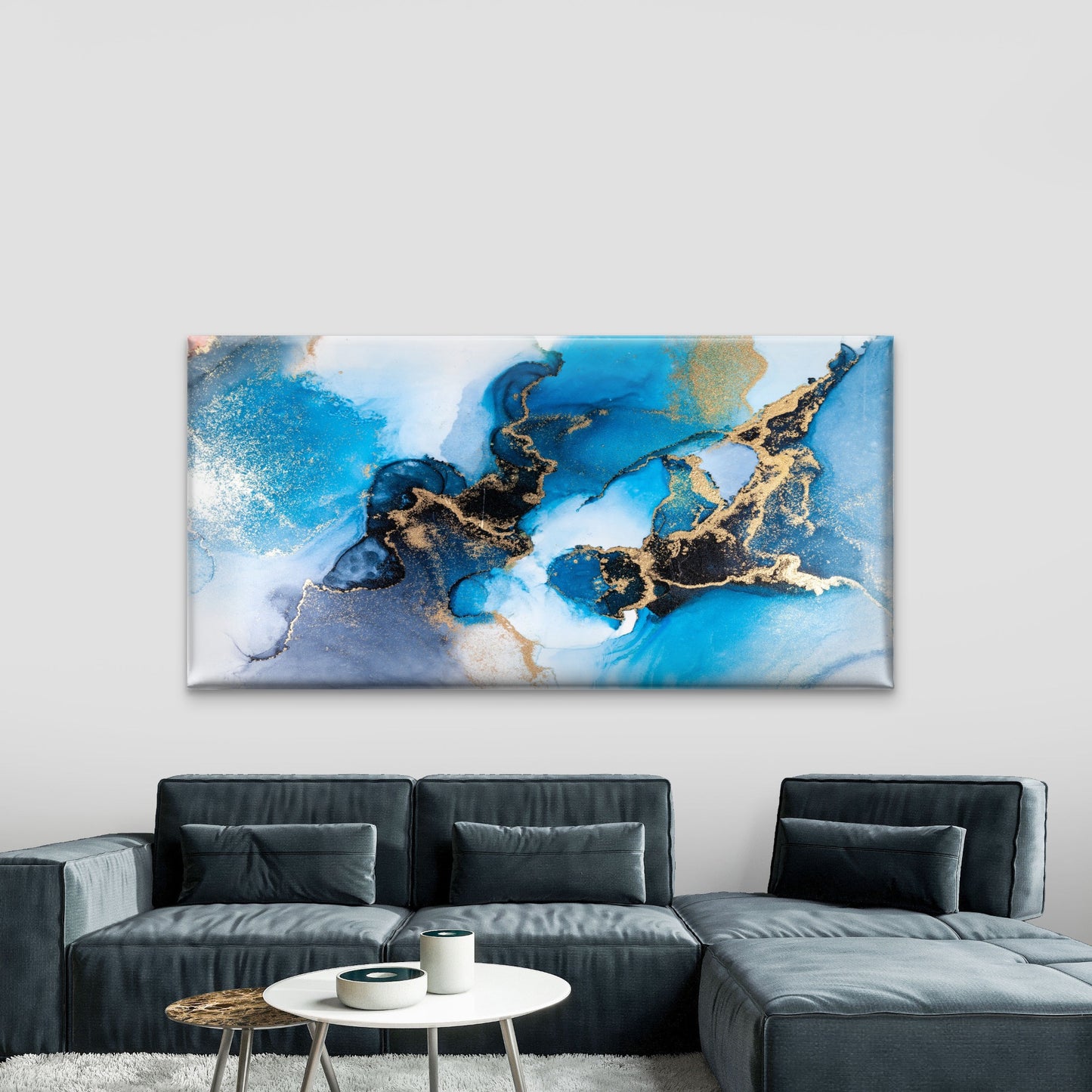 Ocean Blue Gold Marble Ink Wall Art Canvas Office Home Room Framed 120x60cm