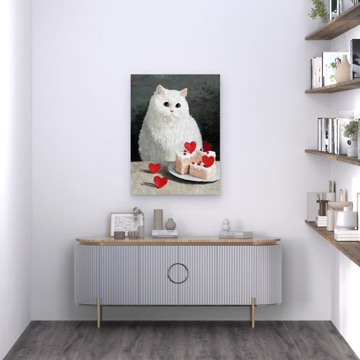 White Cat And Cake And Hearts Metal Print Ready to Hang