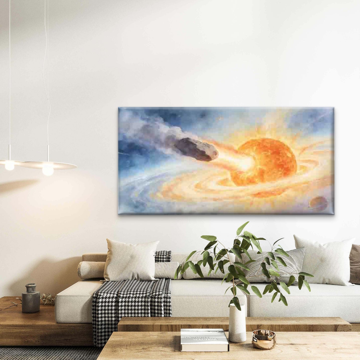 Meteor Impact Fiery Sun Space Wall Art Canvas Office Home Room Framed 120x60cm - Bella Home Decor