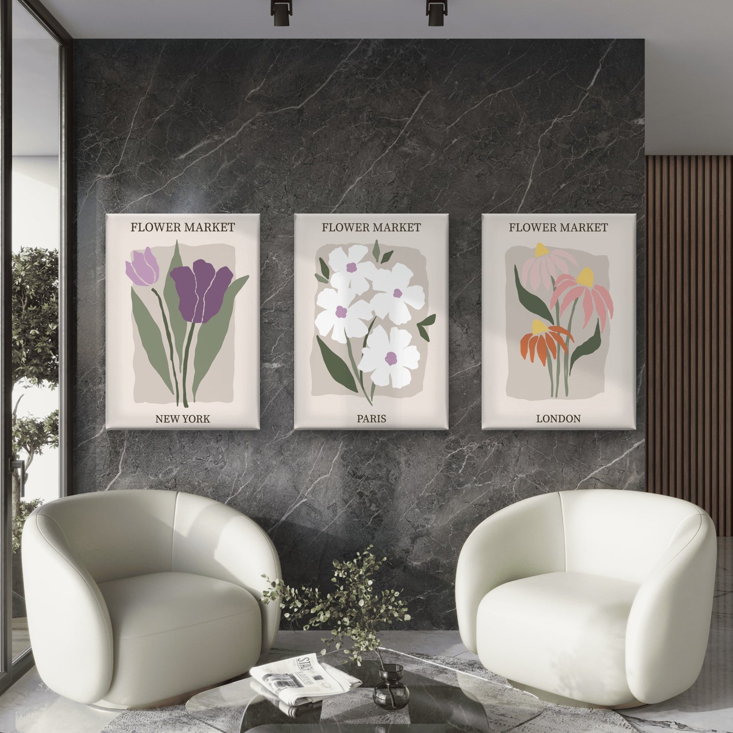3pcs Flower Market New York Paris London Wall Art Set Canvas Framed 60x90cm - High Quality Print 100% Australian Made Wall Canvas Ready to Hang