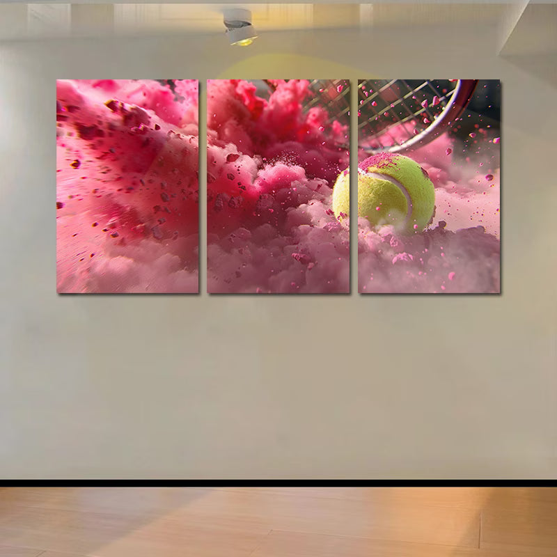 3pcs yellow tennis ball impacting a racket Wall Art Set Canvas Framed 50x70cm - High Quality Print 100% Australian Made Wall Canvas Ready to Hang