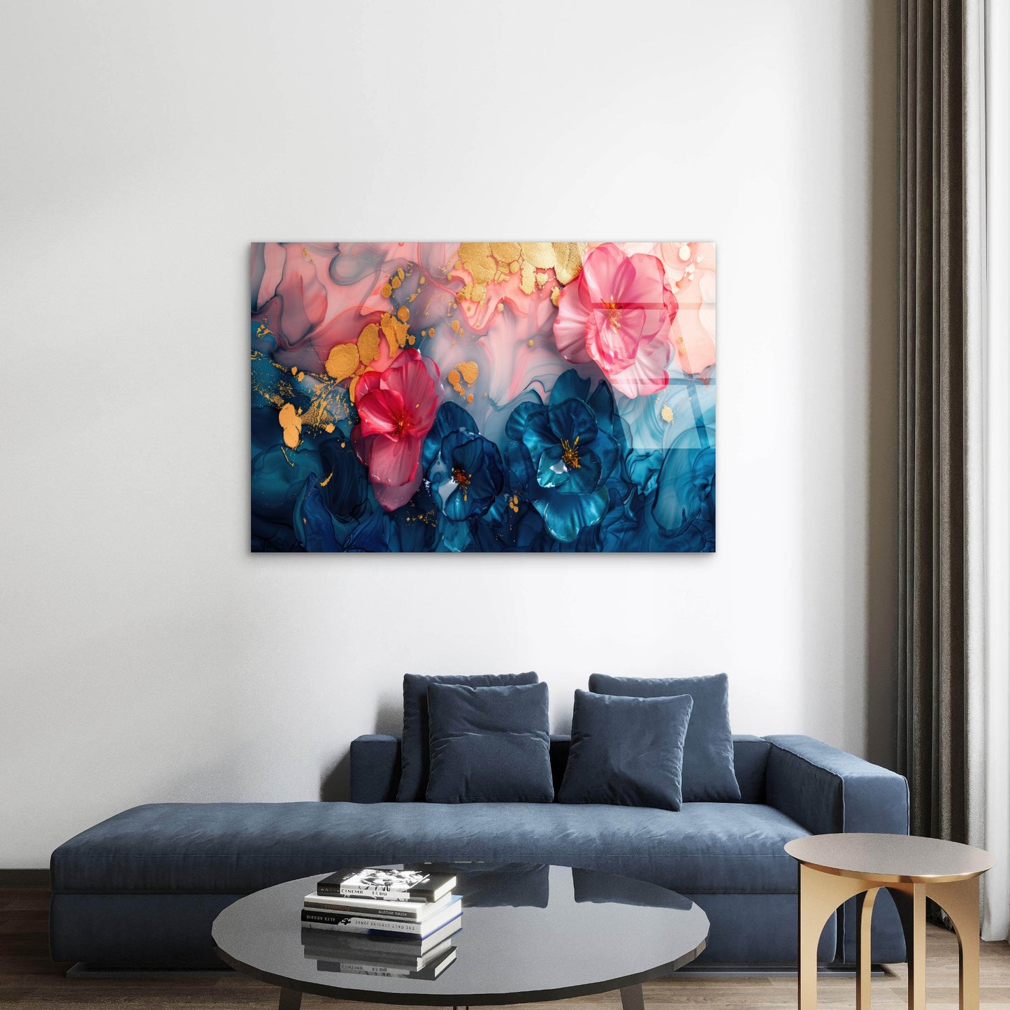Abstract Floral Navy Blue Pink Gold Glass Printing Wall Art Australian Made