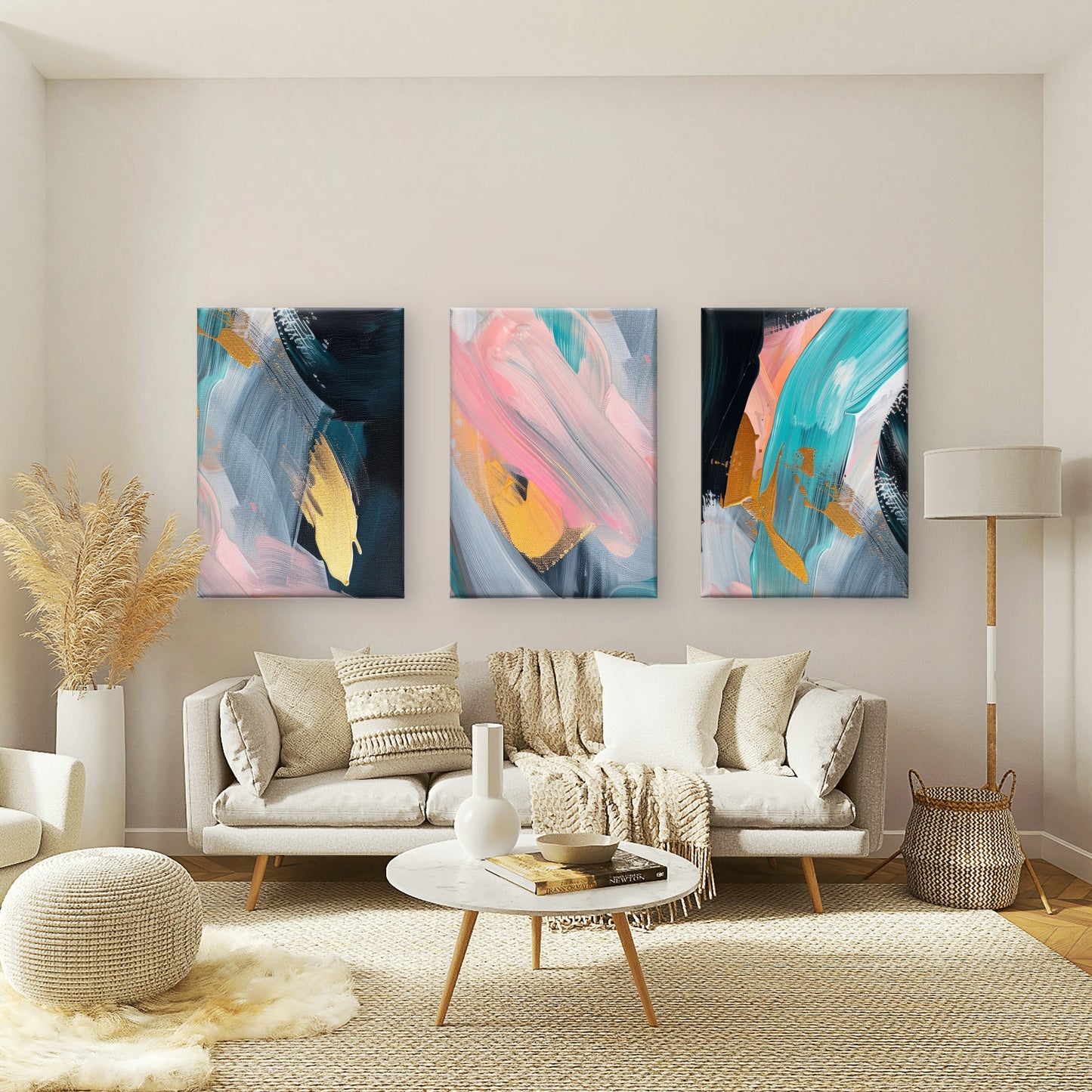 3pcs Abstract Teal Pink Navy Brushstroke Wall Art Set Canvas Framed 40x60cm - High Quality Print 100% Australian Made Wall Canvas Ready to Hang