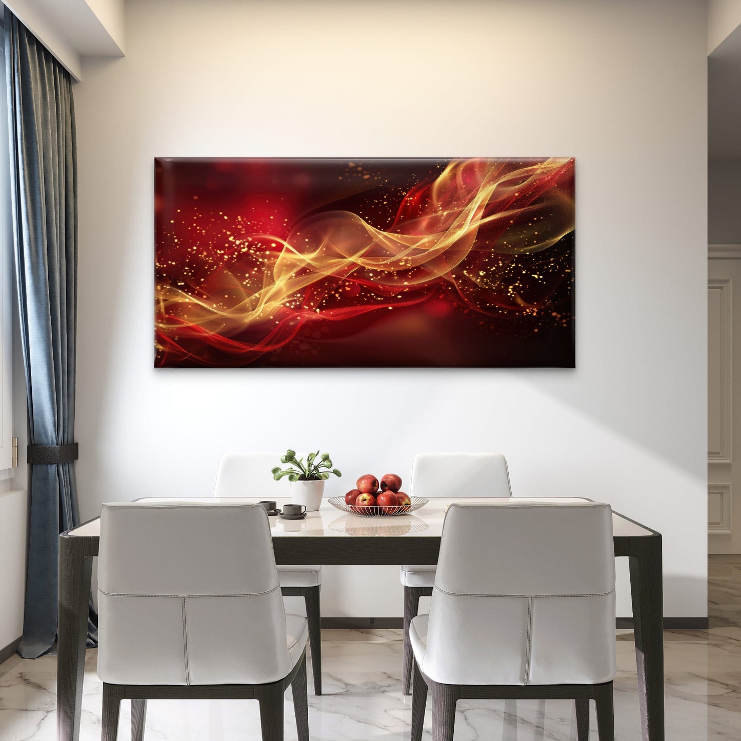 Flowing Golden Red Waves Wall Art Canvas Office Home Room Framed 120x60cm