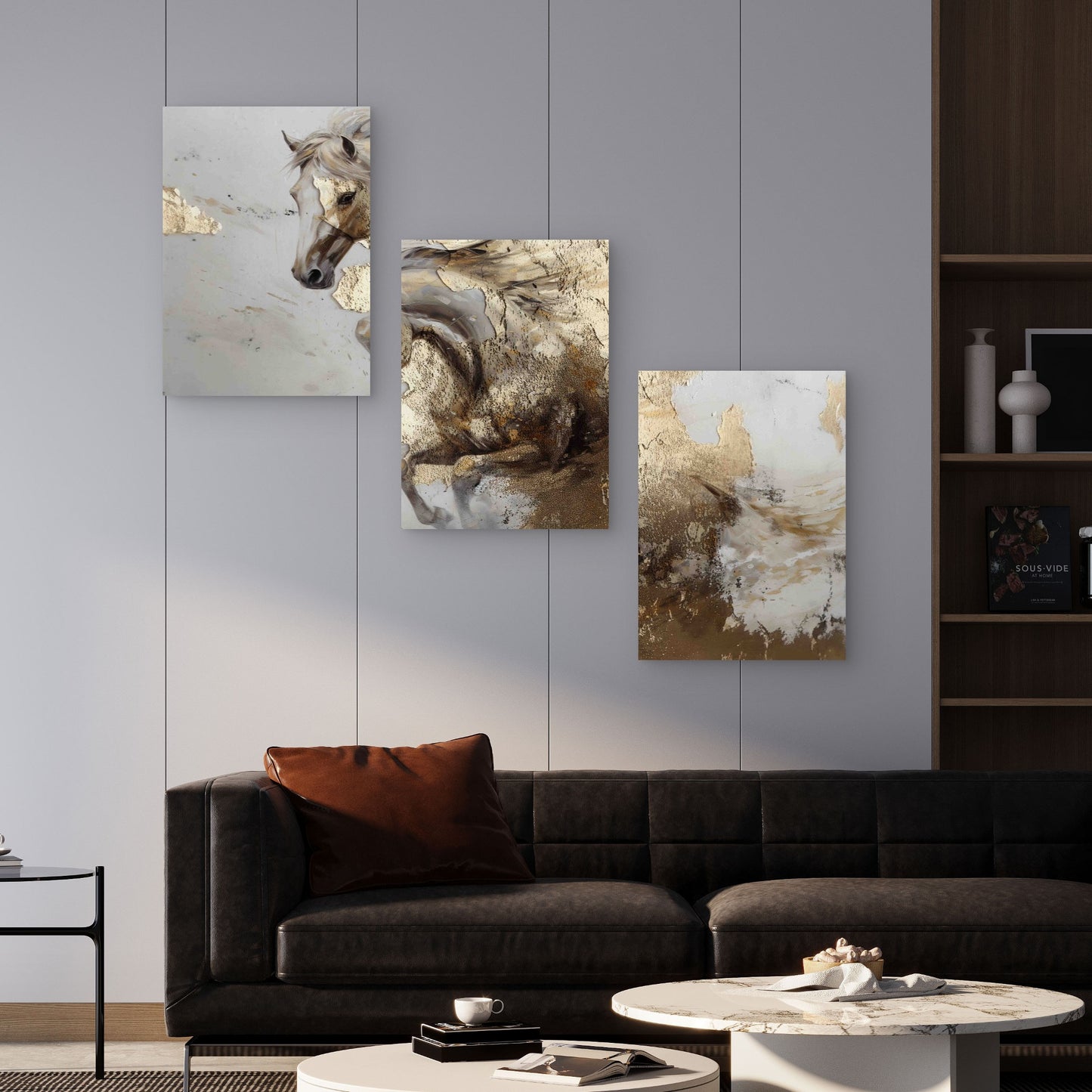 3pcs Galloping Wild Horse In Abstract Cream Metal Print Ready to Hang Art