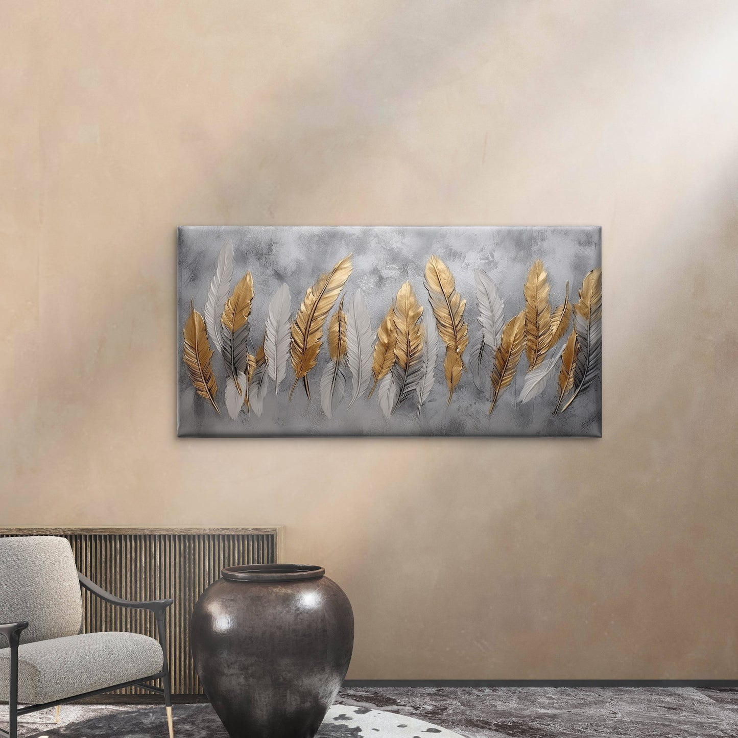 Gold Silver Feather Motif Wall Art Canvas Office Home Room Framed 120x60cm