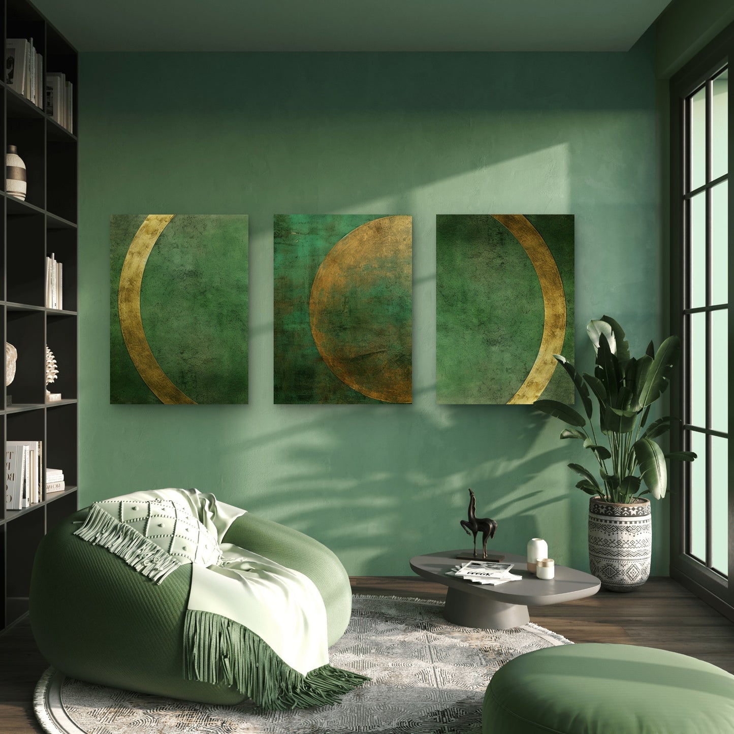 3pcs Modern Abstract Green Gold Moon Phase Wall Art Set Canvas Framed 40x60cm - High Quality Print 100% Australian Made Wall Canvas Ready to Hang