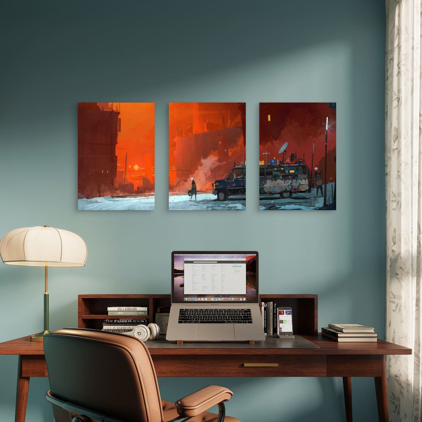 3pcs Cyberpunk Wasteland Camper Van Metal Print Ready to Hang Art