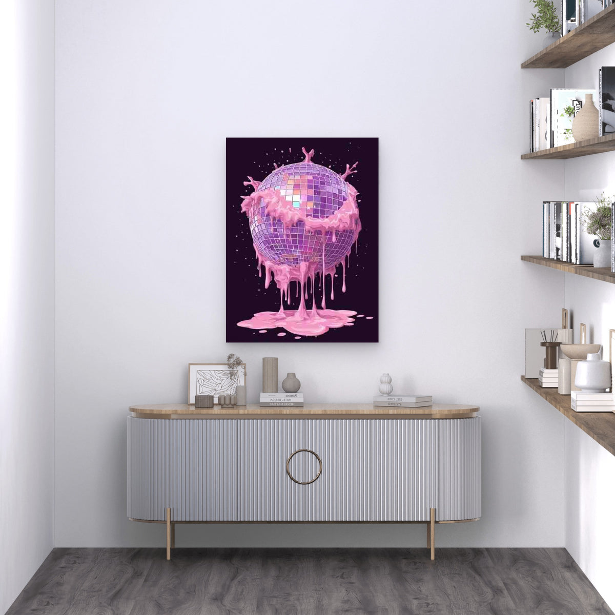 Retro 80s Pink Disco Ball Melting Metal Print Ready to Hang