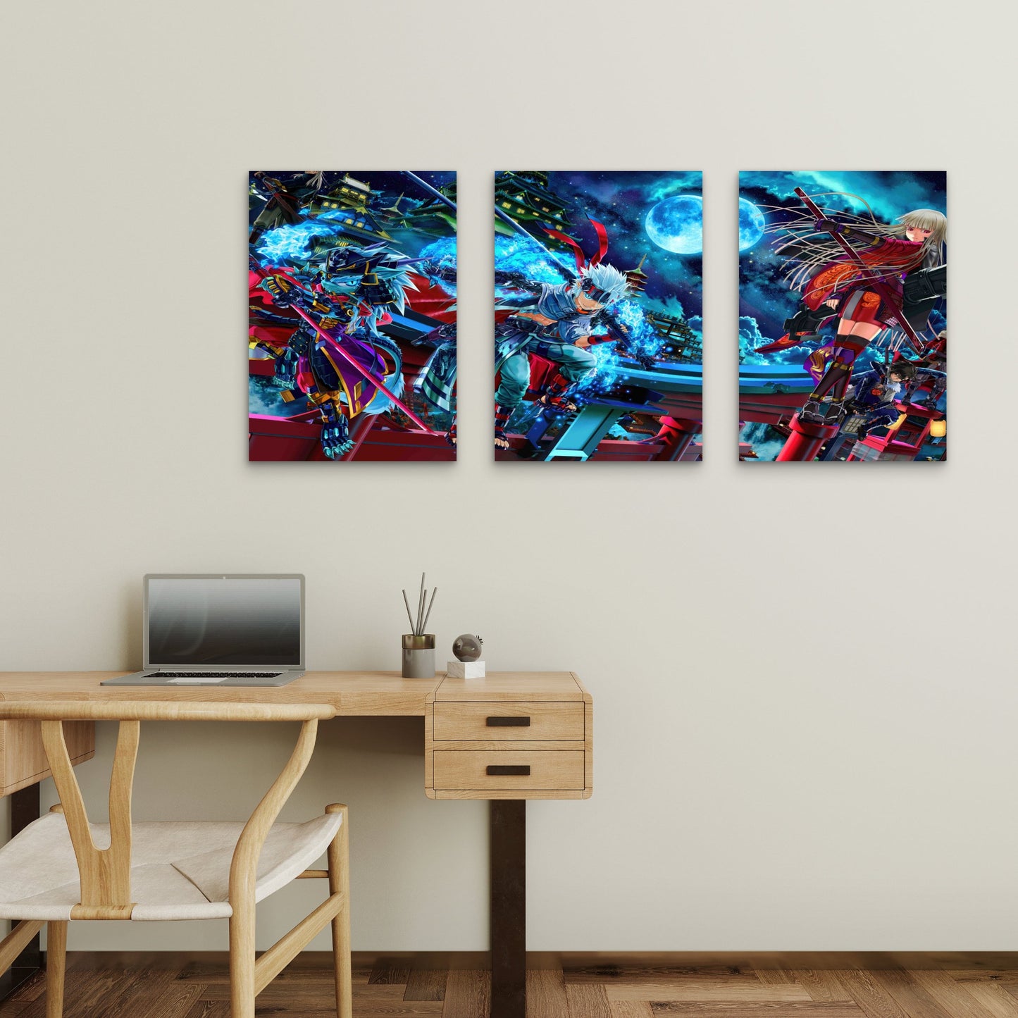 3pcs Cyberpunk Ninja Castle Full Moon Landscape Metal Print Ready to Hang Art