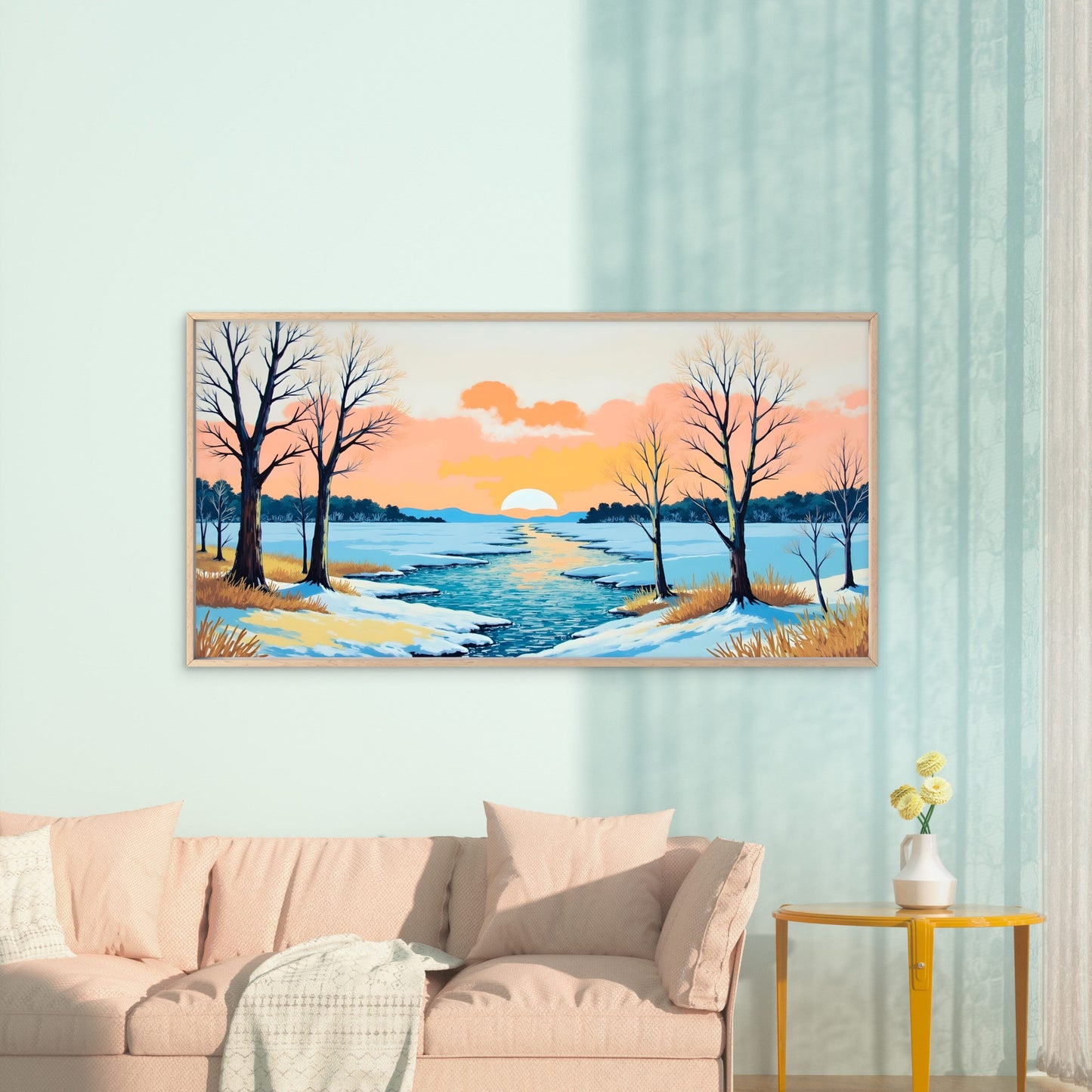 Winter Forest River Scene Wall Art Canvas Office Home Room Framed 120x60cm