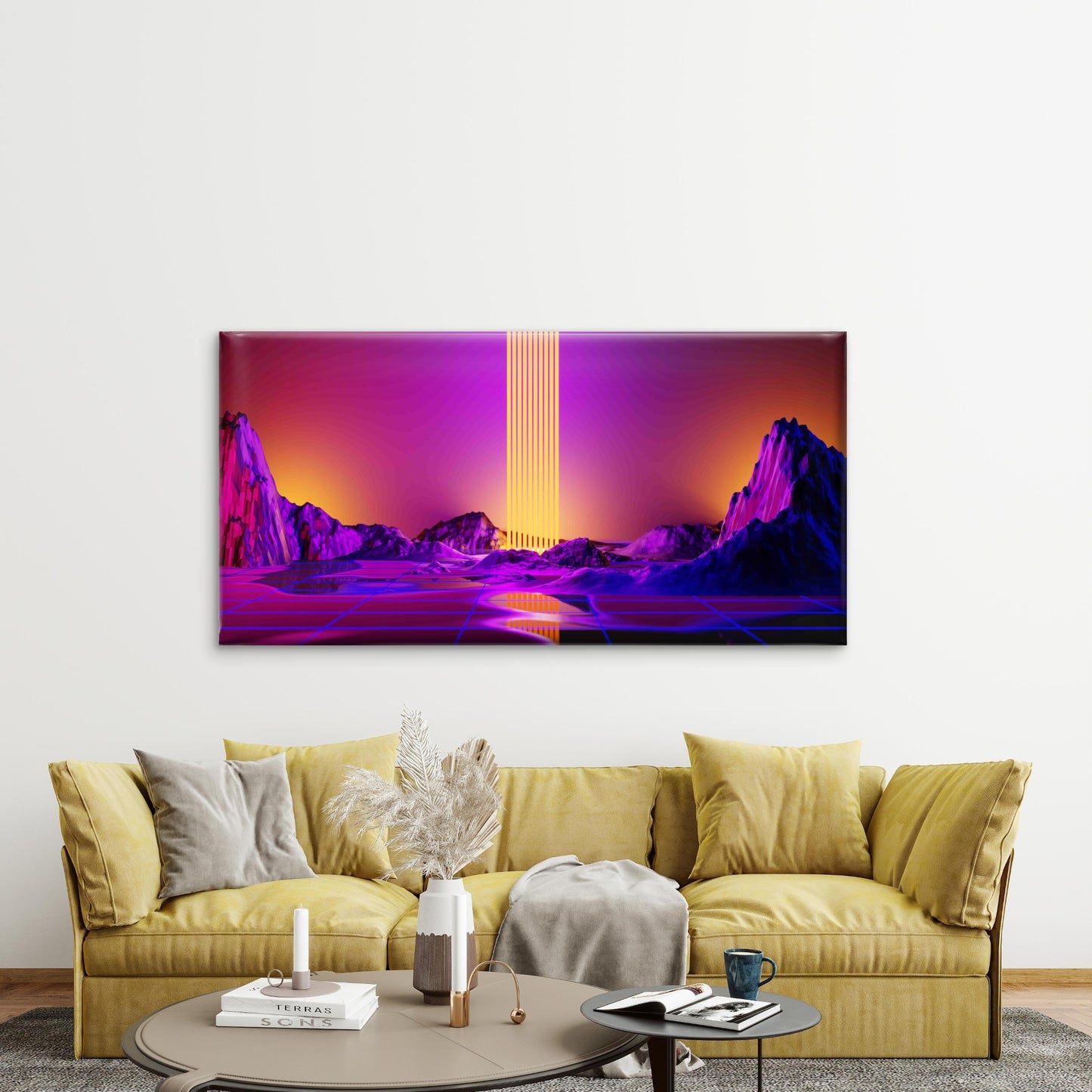 Abstract Retro 80s Landscape Wall Art Canvas Office Home Room Framed 120x60cm - Bella Home Decor