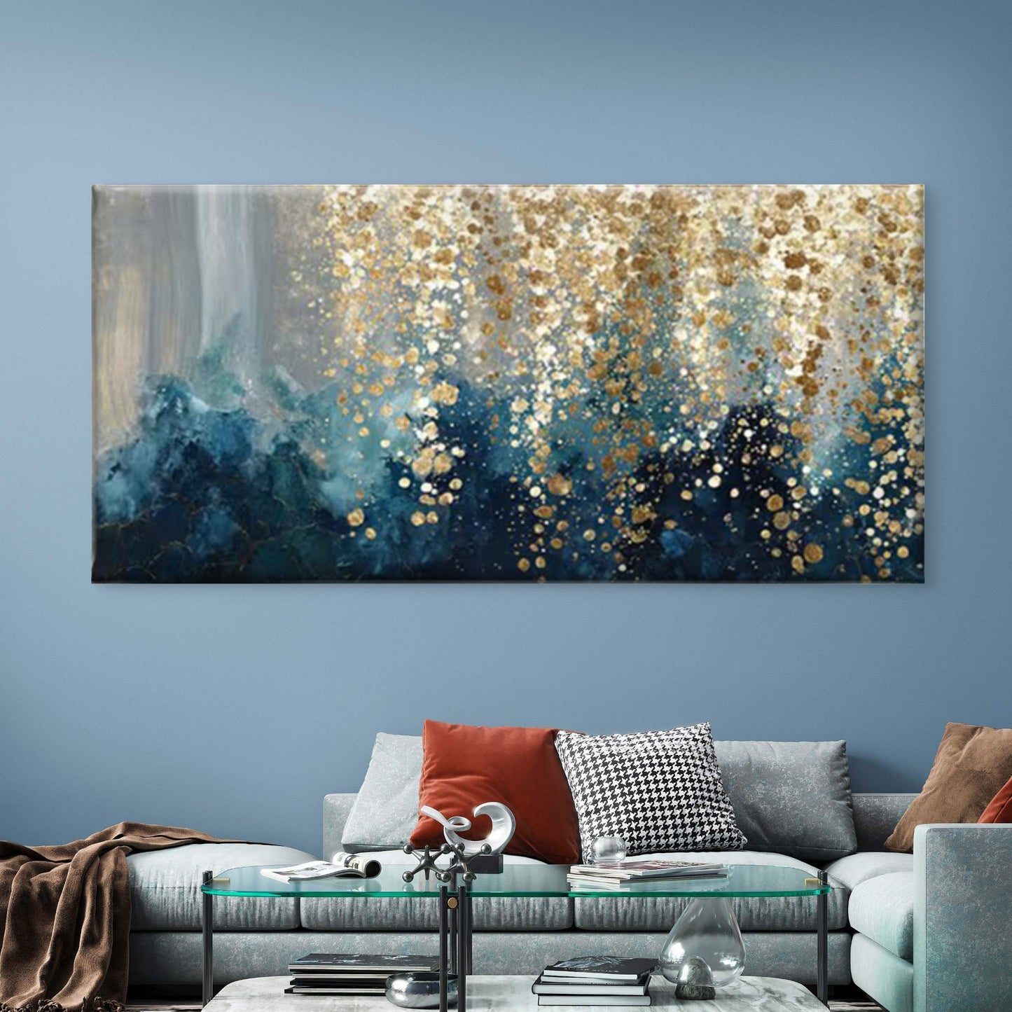 Blue Tones Abstract Painting Wall Art Canvas Office Home Room Framed 120x60cm