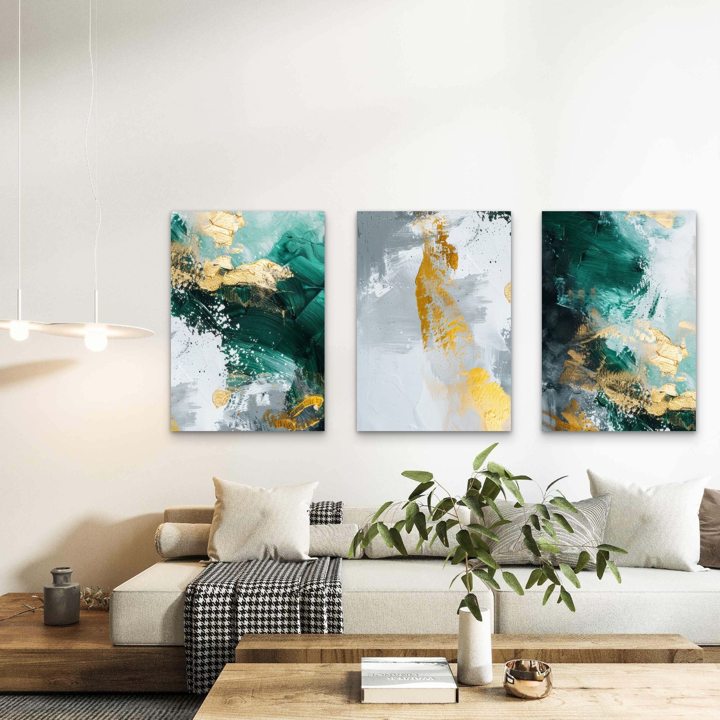 3pcs Modern Emerald Gold Abstract Wall Art Set Canvas Framed 50x70cm - High Quality Print 100% Australian Made Wall Canvas Ready to Hang