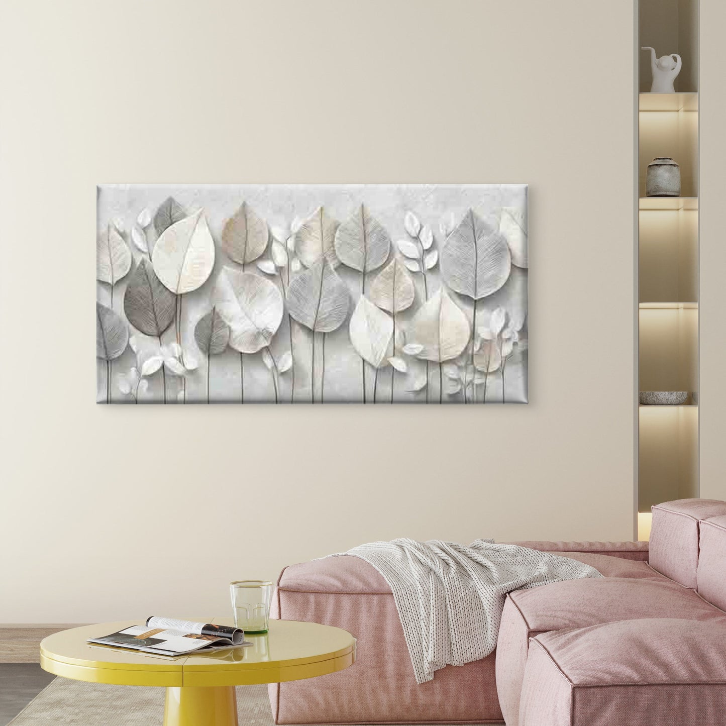 Abstract White Leaves Backgroun Wall Art Canvas Office Home Room Framed 120x60cm - Bella Home Decor