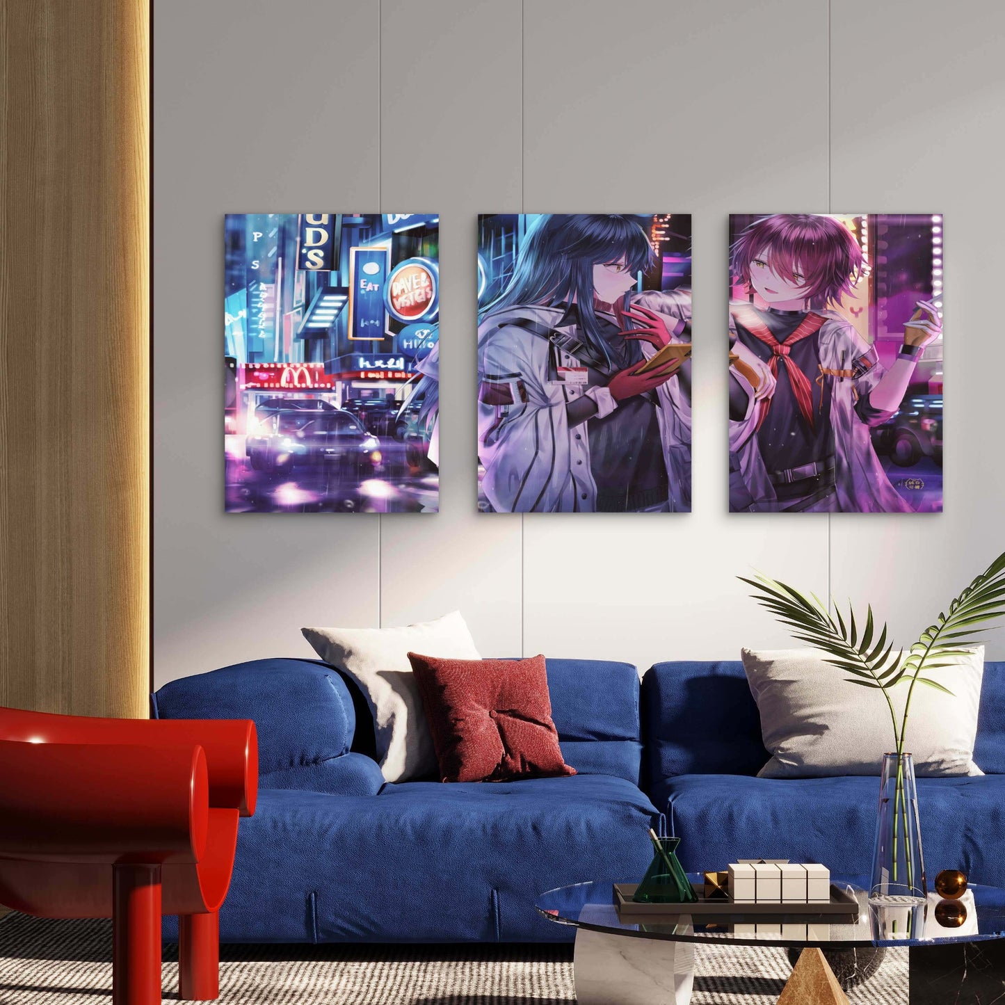 3pcs Cyberpunk Rainy City Neon Night Street Metal Print Ready to Hang Art