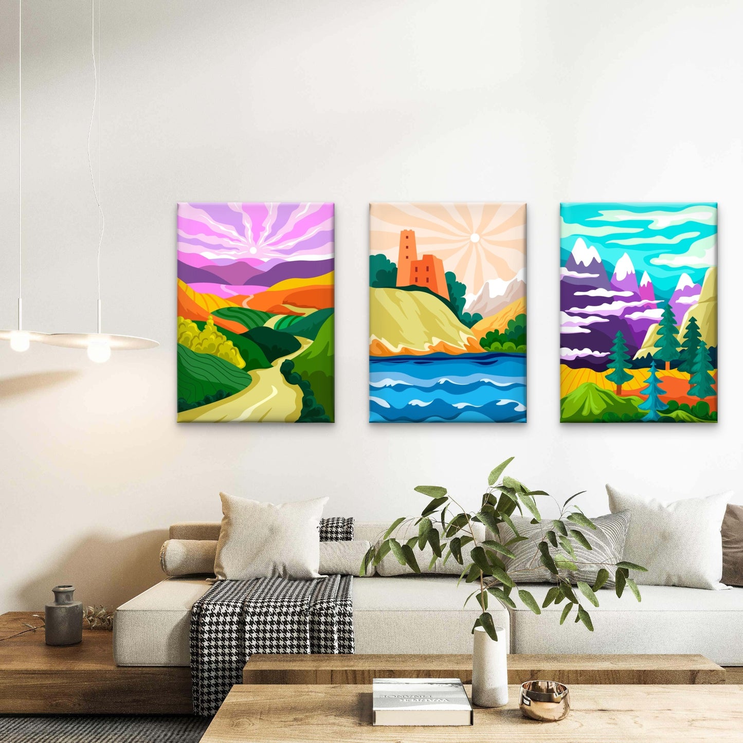 3pcs Vibrant Nature Mountain Castle Sunset Wall Art Set Canvas Framed 50x70cm - High Quality Print 100% Australian Made Wall Canvas Ready to Hang