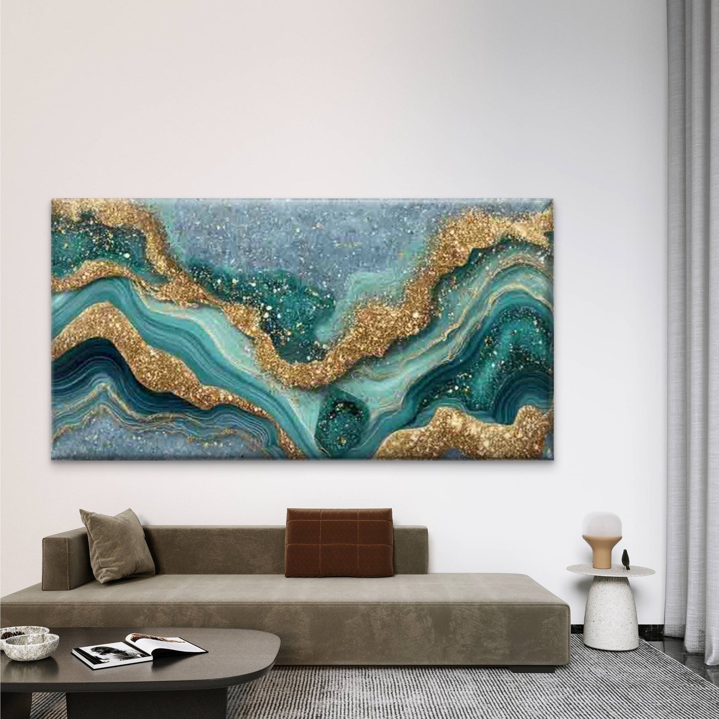 Turquoise & Golden Marble Wall Art Canvas Office Home Room Framed 120x60cm