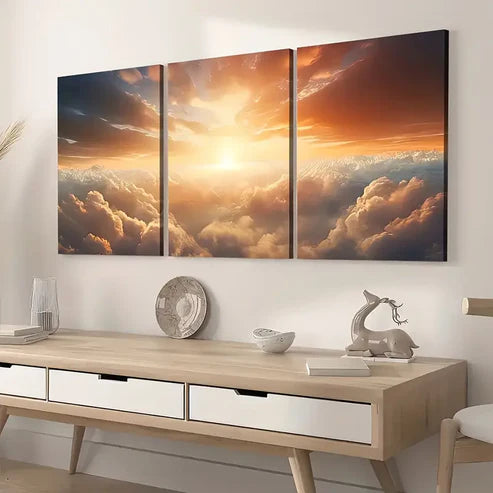 3pcs Modern Sky Cloud Golden Sunrise Wall Art Set Canvas Unframed - High Quality Print 100% Australian Made Wall Canvas
