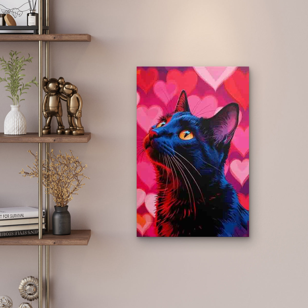 Black Cat Gazing at Heart-Shaped Sky Retro Metal Print Ready to Hang