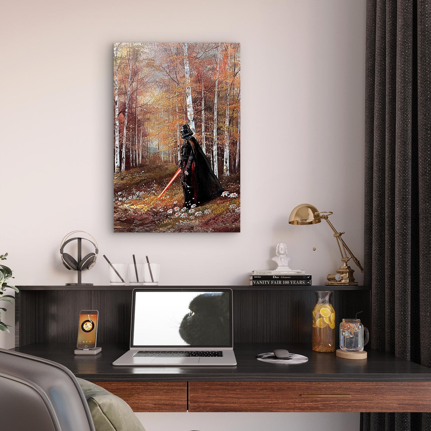Sci-Fi Knight Autumn Birch Forest Painting 40x60cm Metal Print Ready to Hang