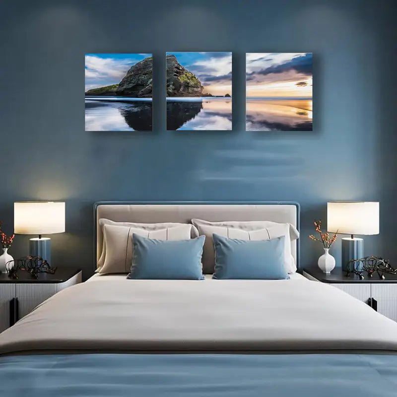 3pcs Piha Beach Sunset Canvas Wall Art Metal Print Ready to Hang Art