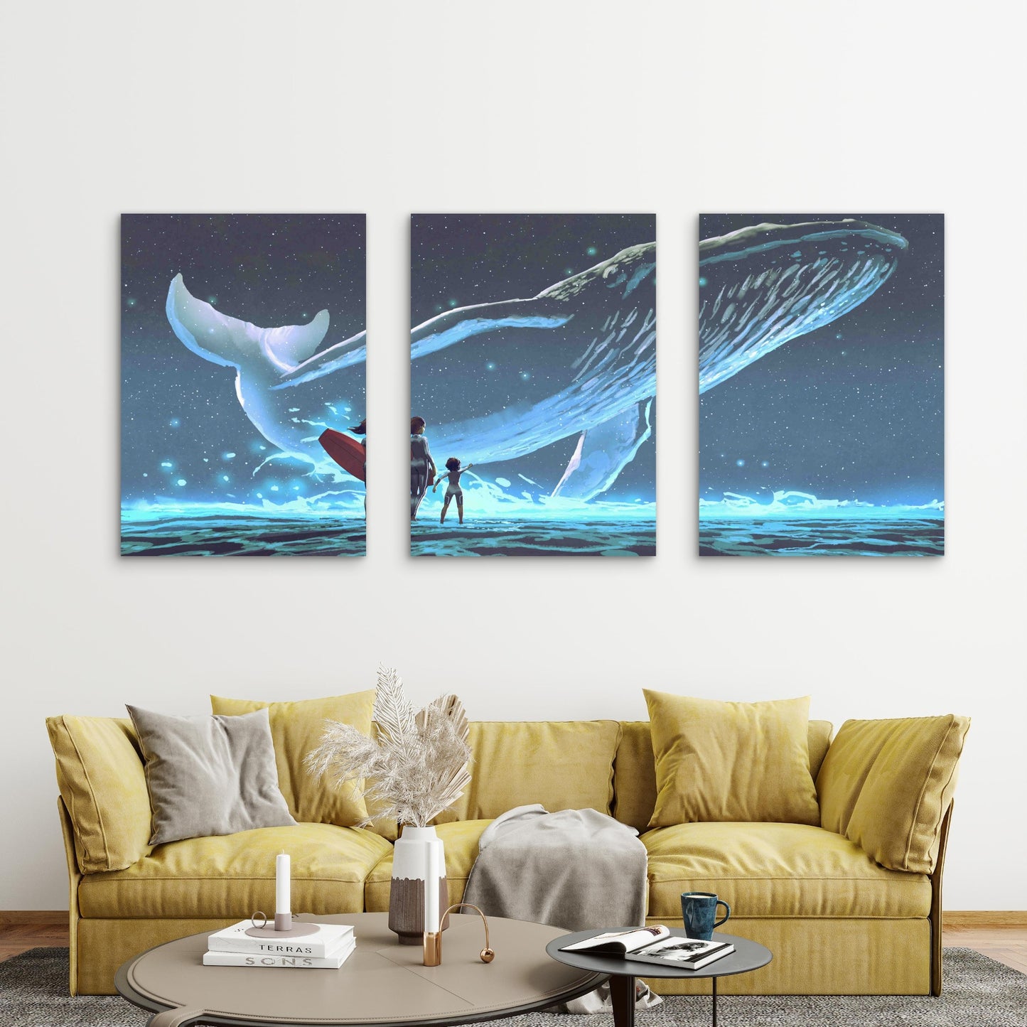 3pcs Giant Whale in Starry Night Sky Metal Print Ready to Hang Art