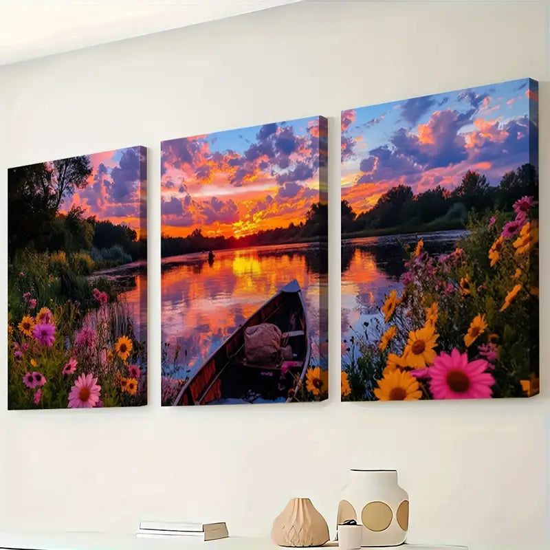 3pcs River at Dusk Peaceful Landscape Wall Art Set Canvas Framed 50x70cm - High Quality Print 100% Australian Made Wall Canvas Ready to Hang